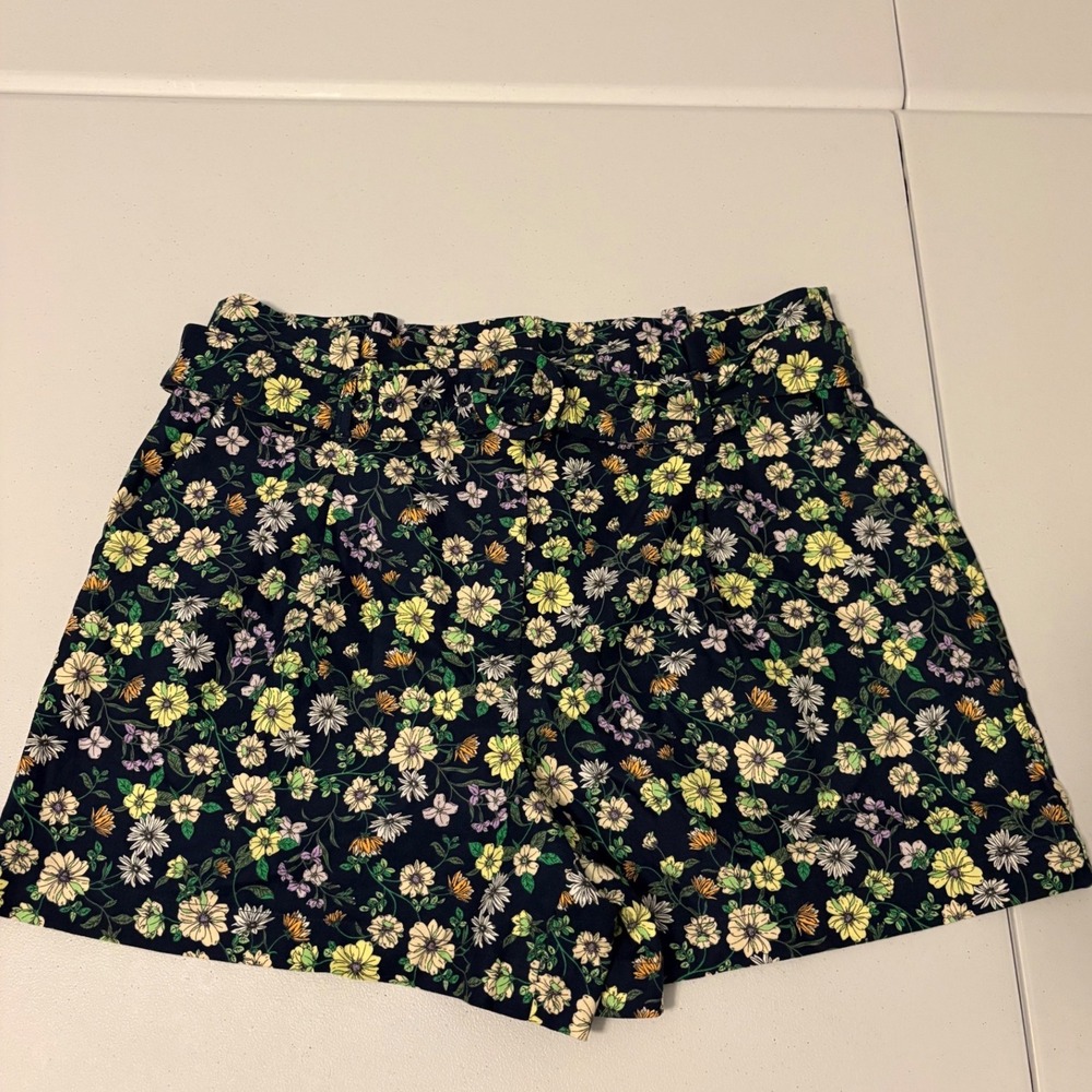 LOFT Navy Blue Floral Cotton Linen Belted High Waist Shorts Size 10 C5